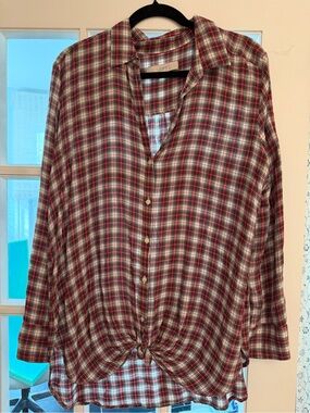 LOFT Red and Cream Plaid Button-Front Tie-Hem Blouse
